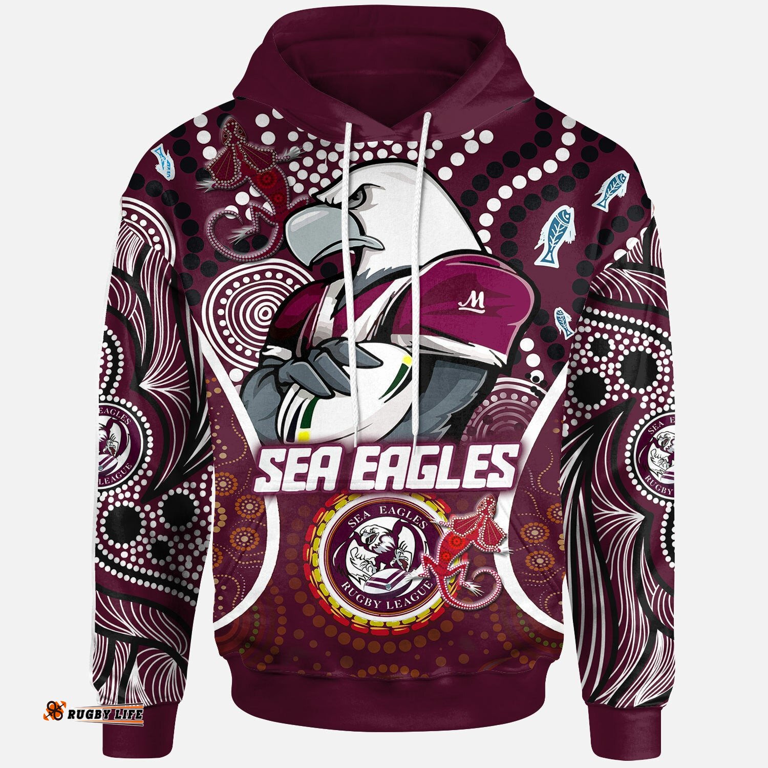 sea eagles rugby hoodie custom manly sea eagles mascot with aboriginal art personalised player and number hoodie