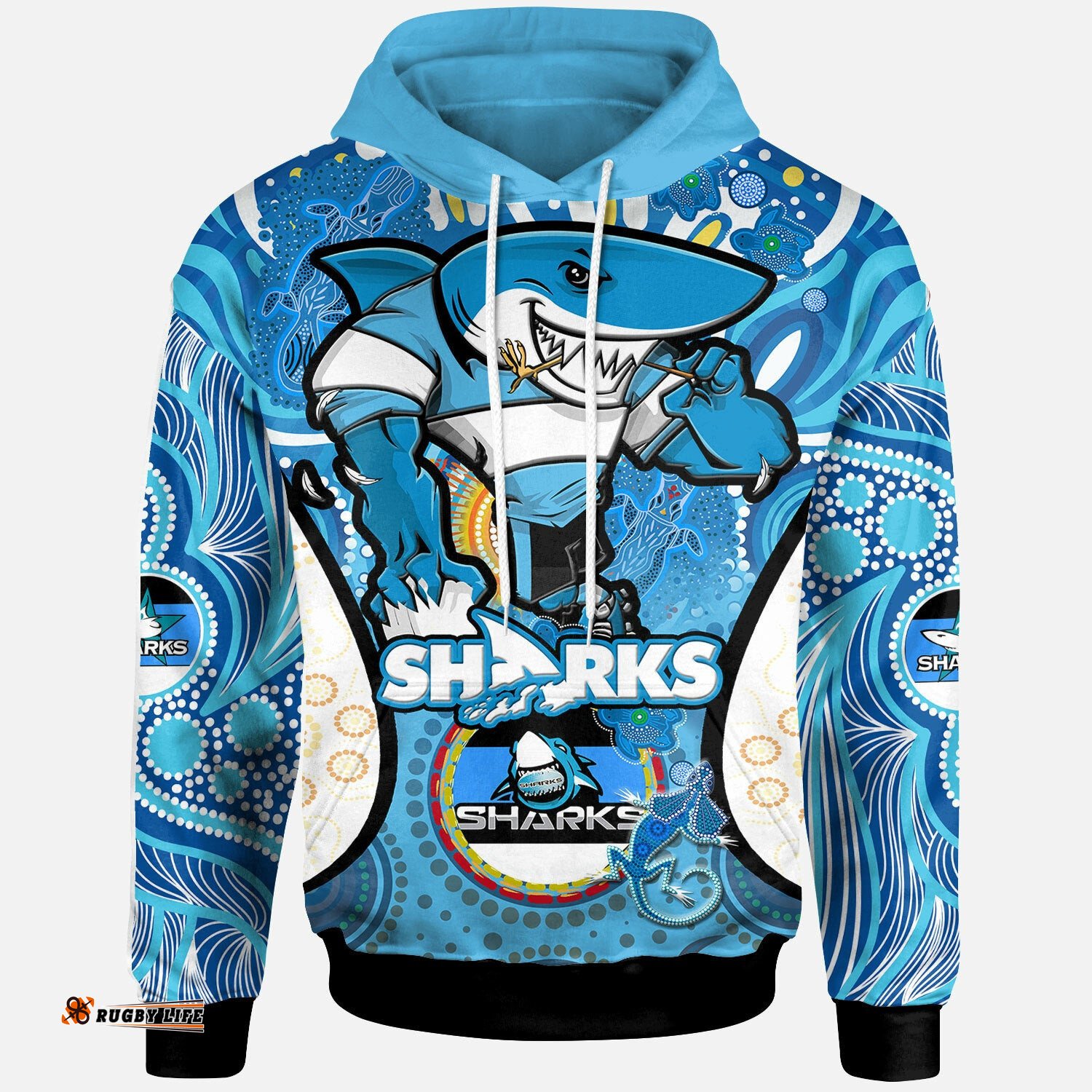 sharks rugby hoodie custom sharkies mascot with aboriginal art personalised player and number hoodie
