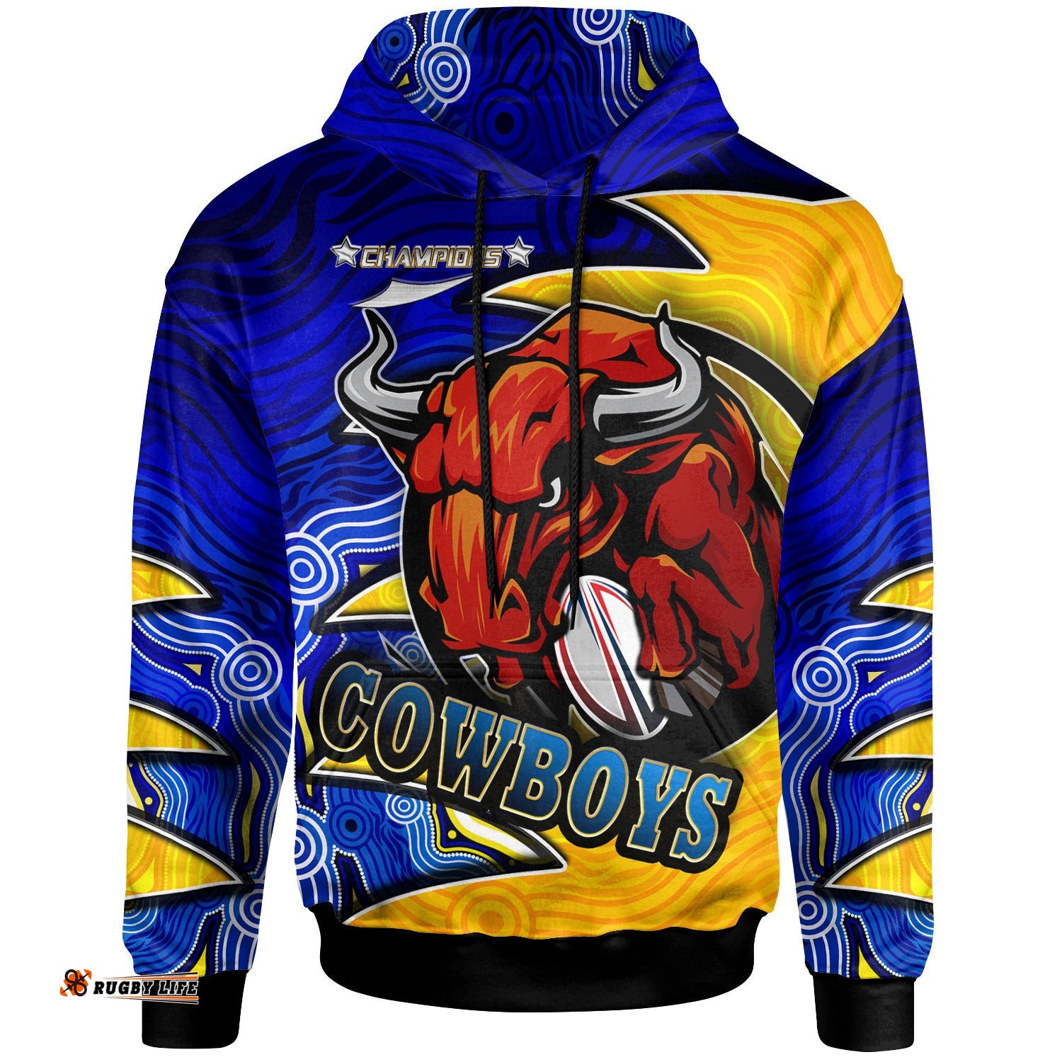 cowboys rugby hoodie custom bull rugby ball with aboriginal style pattern personalised player and number hoodie