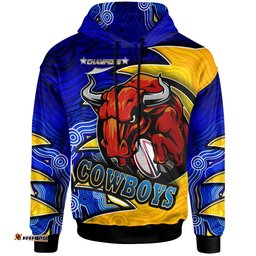 cowboys rugby hoodie custom bull rugby ball with aboriginal style pattern personalised player and number hoodie