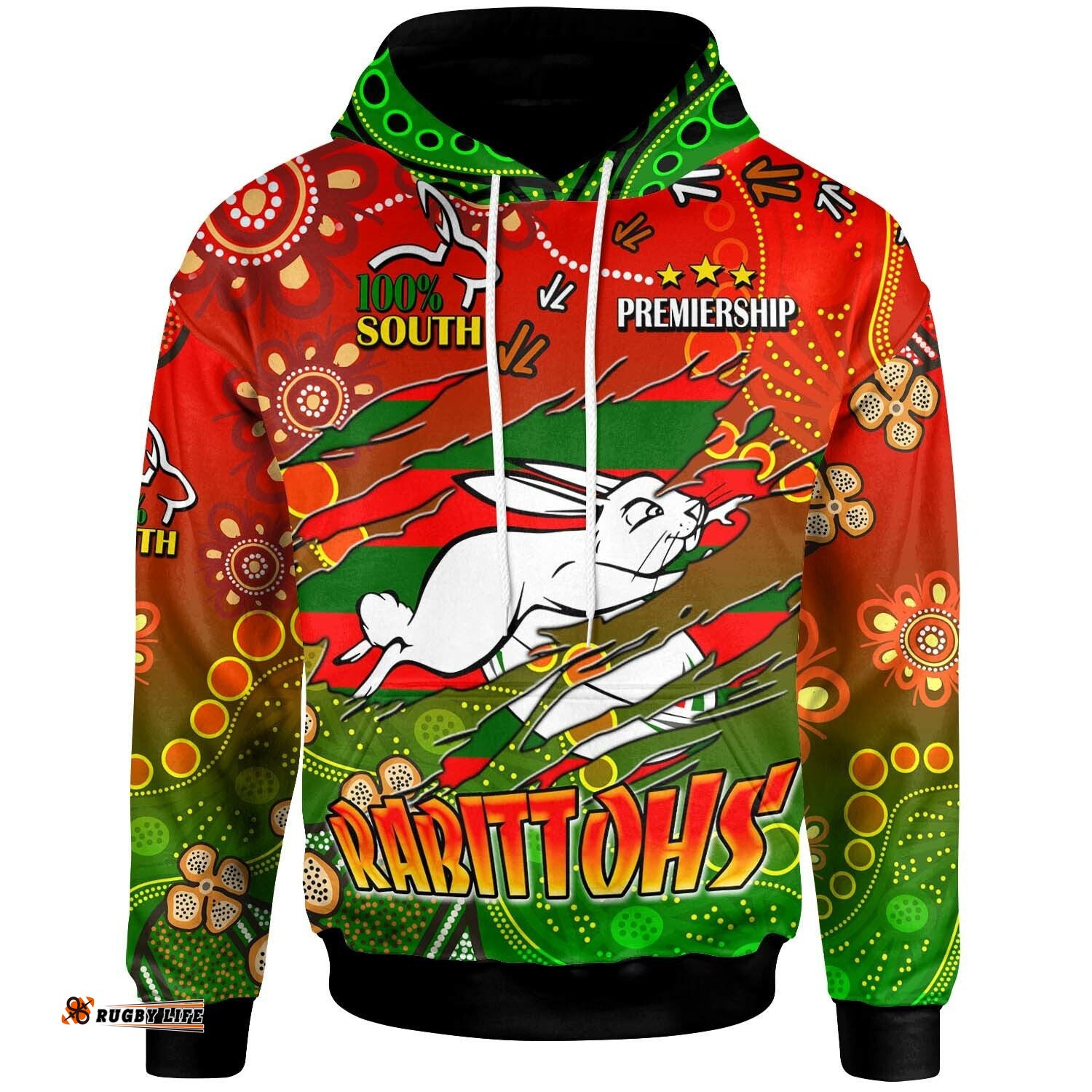 rabbitohs rugby hoodie custom 100 south rabbitohs premiership rugby with aboriginal culture player and number hoodie