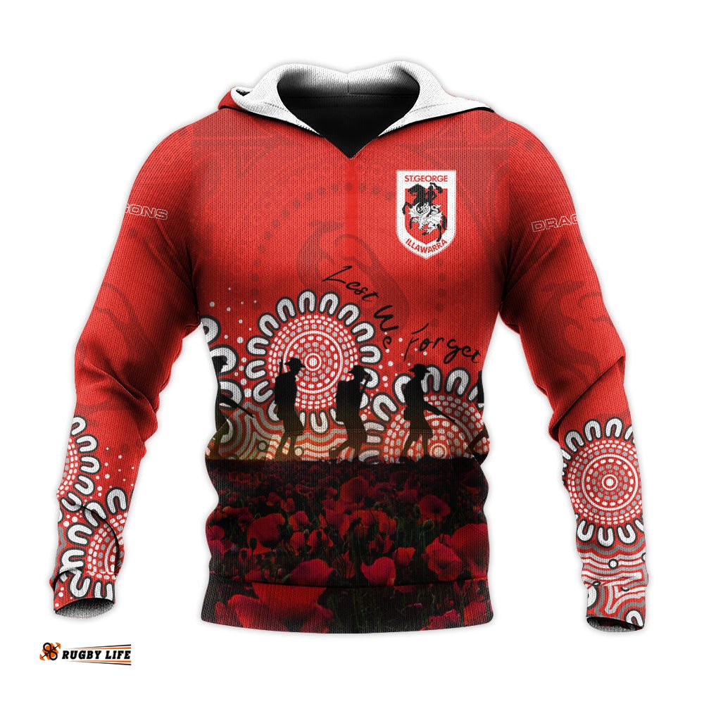 st george illawarra dragons hoodie personalized aboriginal rugby anzac day poppy with soldiers nrl