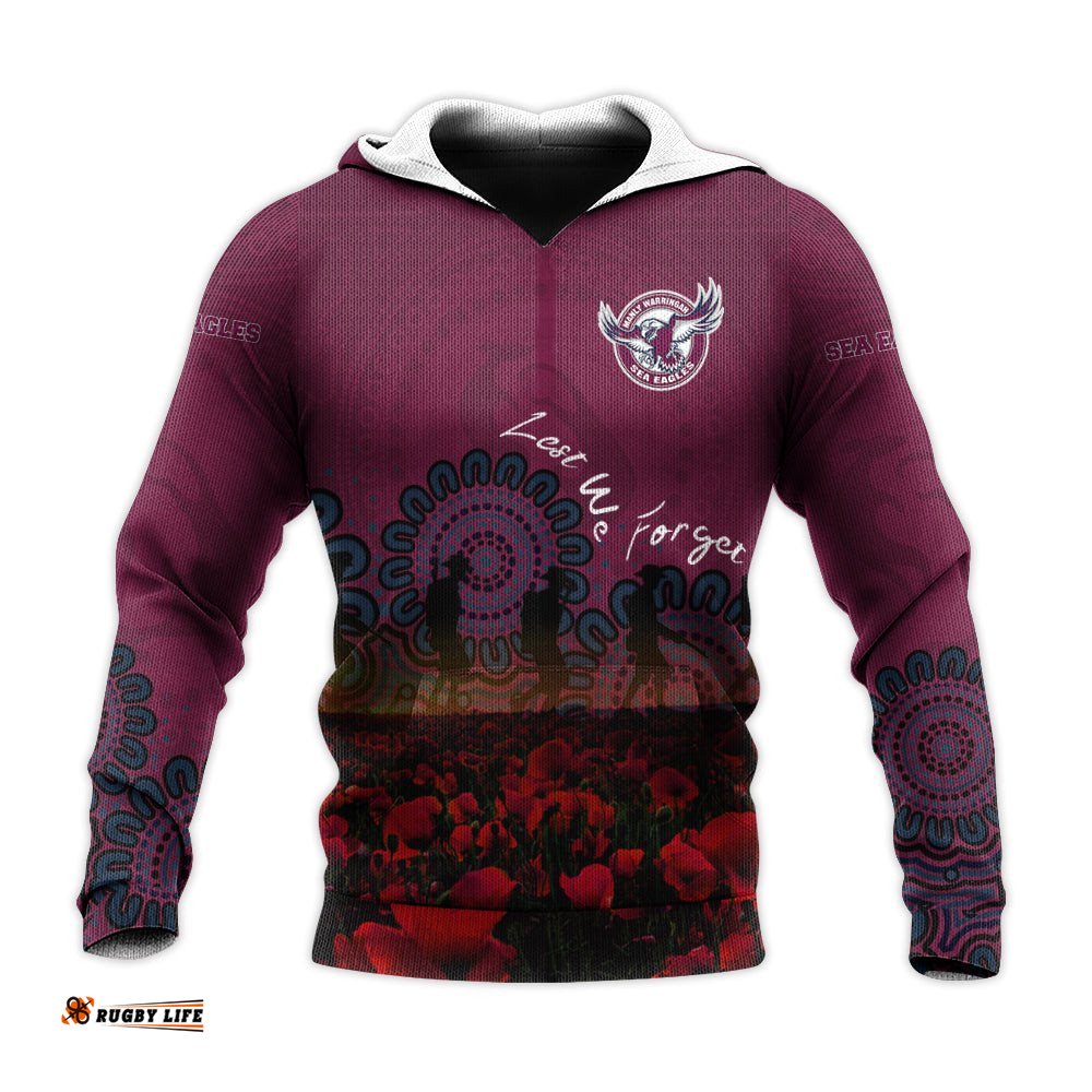 manly warringah sea eagles hoodie personalized aboriginal rugby anzac day poppy with soldiers nrl