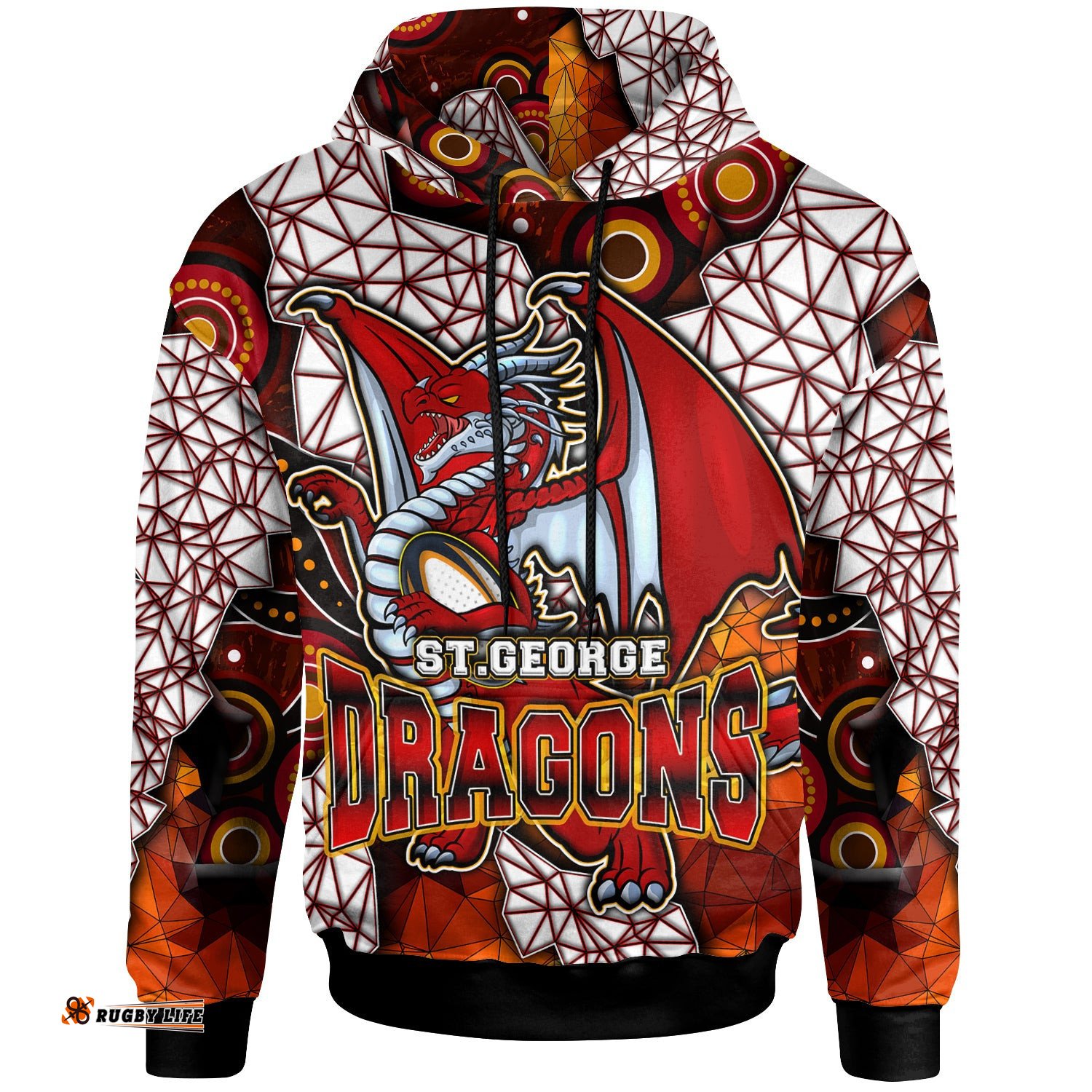 st george rugby hoodie custom dragon fire rugby with aboriginal art personalised player and number hoodie