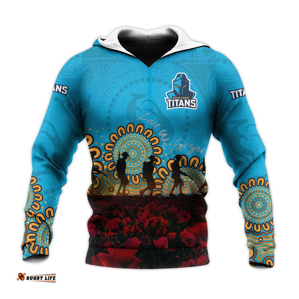 gold coast titans hoodie personalized aboriginal rugby anzac day poppy with soldiers nrl