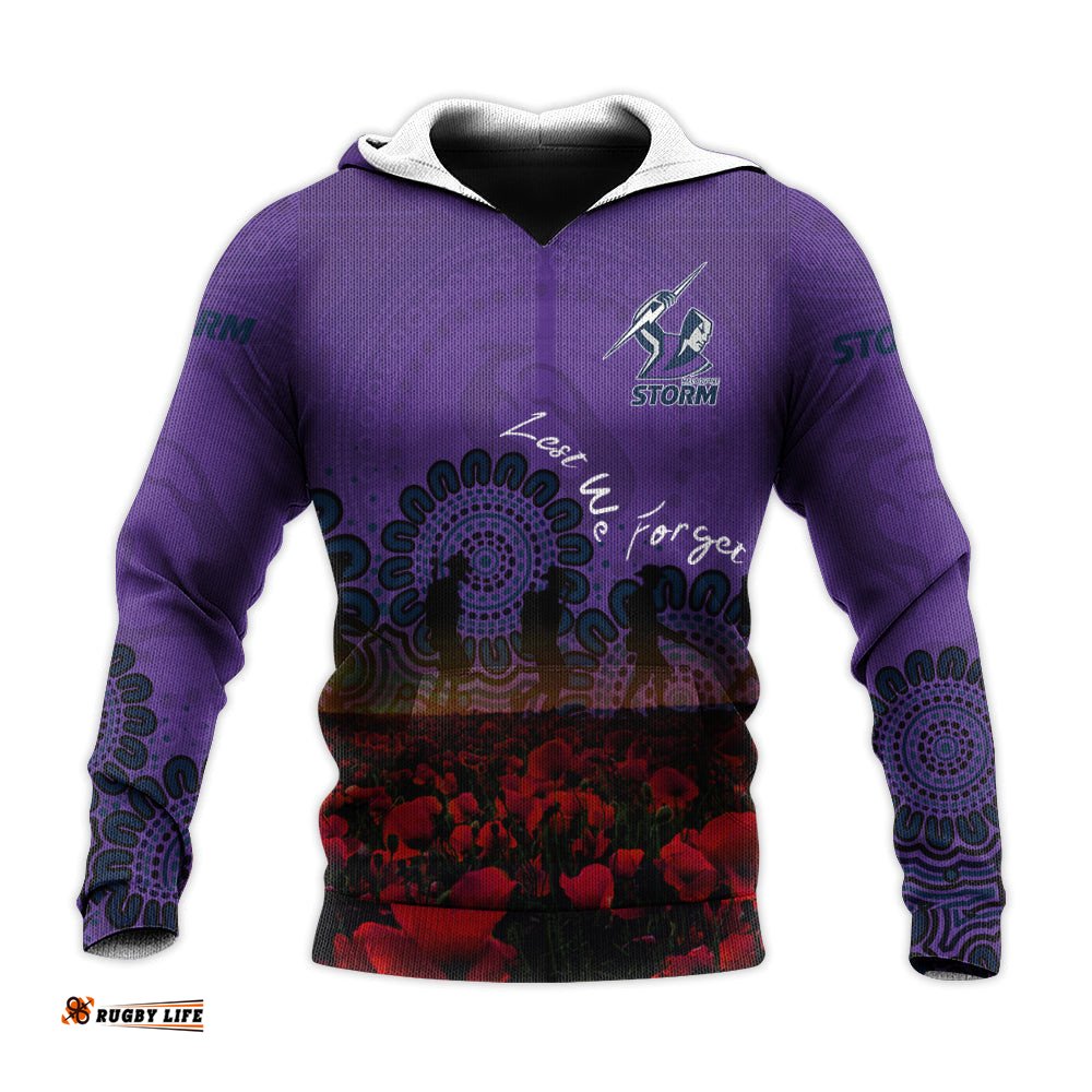 melbourne storm hoodie personalized aboriginal rugby anzac day poppy with soldiers nrl