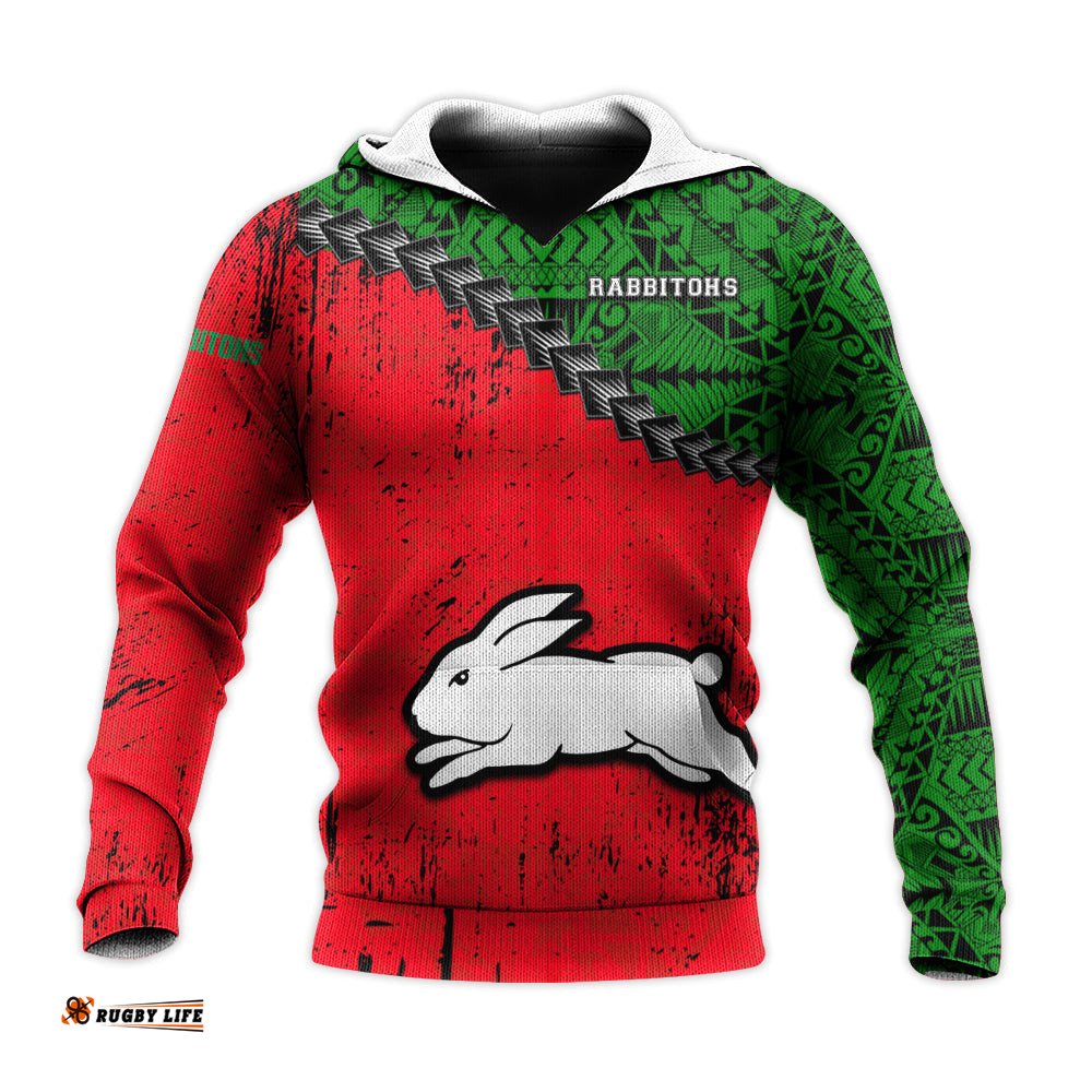 south sydney rabbitohs hoodie grunge polynesian tattoo nrl