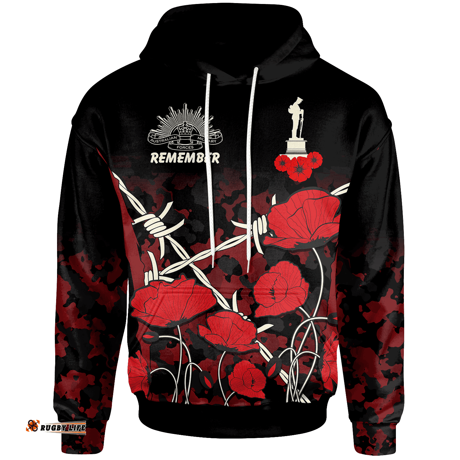 ANZAC Hoodie ANZAC with Remembrance Poppy Flower Ver2