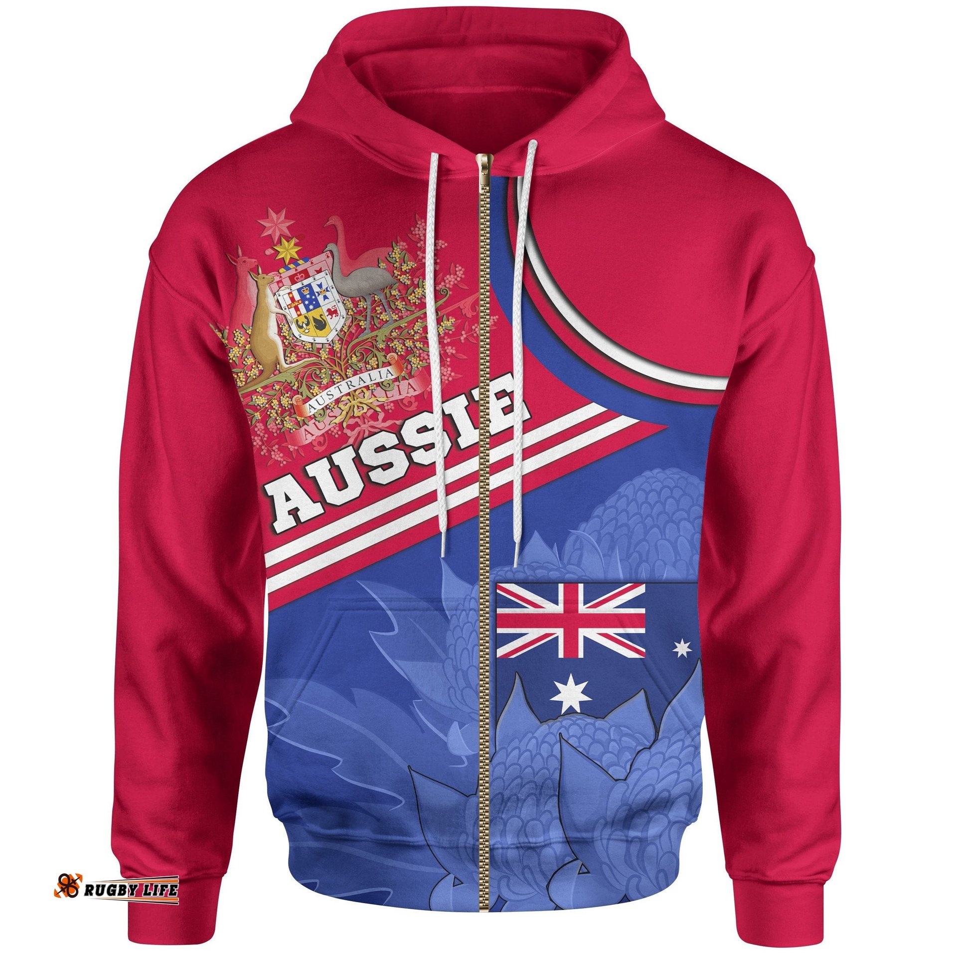 Zip Up Hoodie Aus Flag and Coat of Arms Zip Hoodie Waratah Flowers