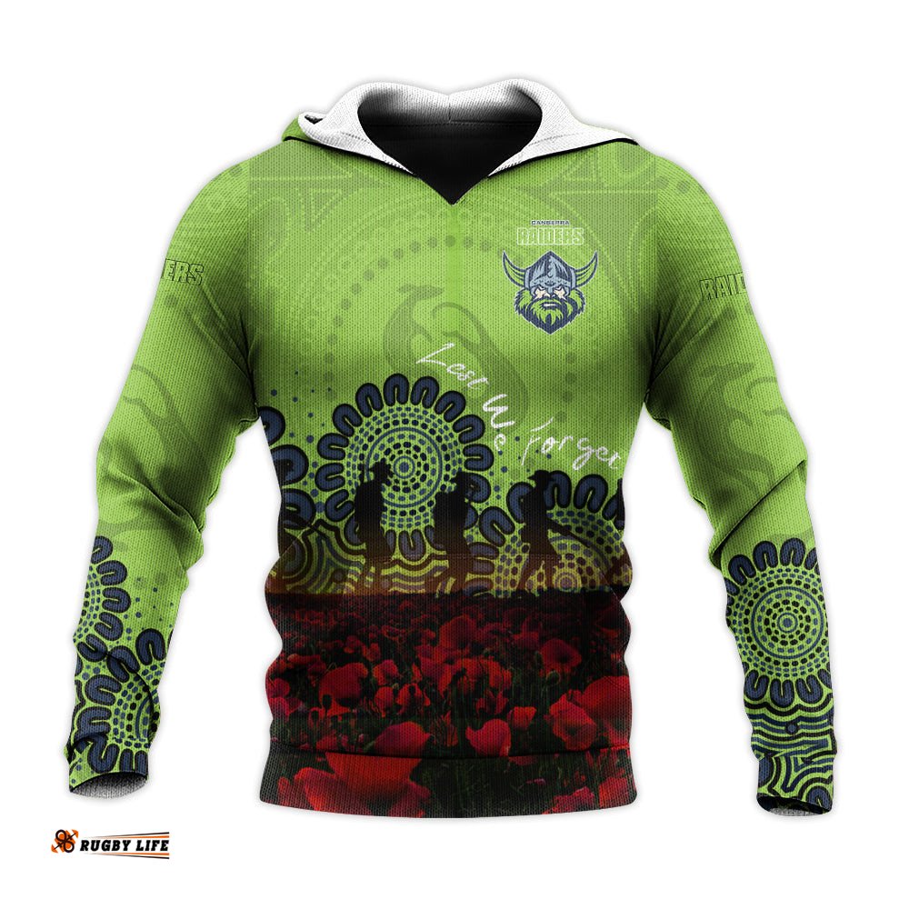canberra raiders hoodie aboriginal rugby anzac day poppy with soldiers nrl