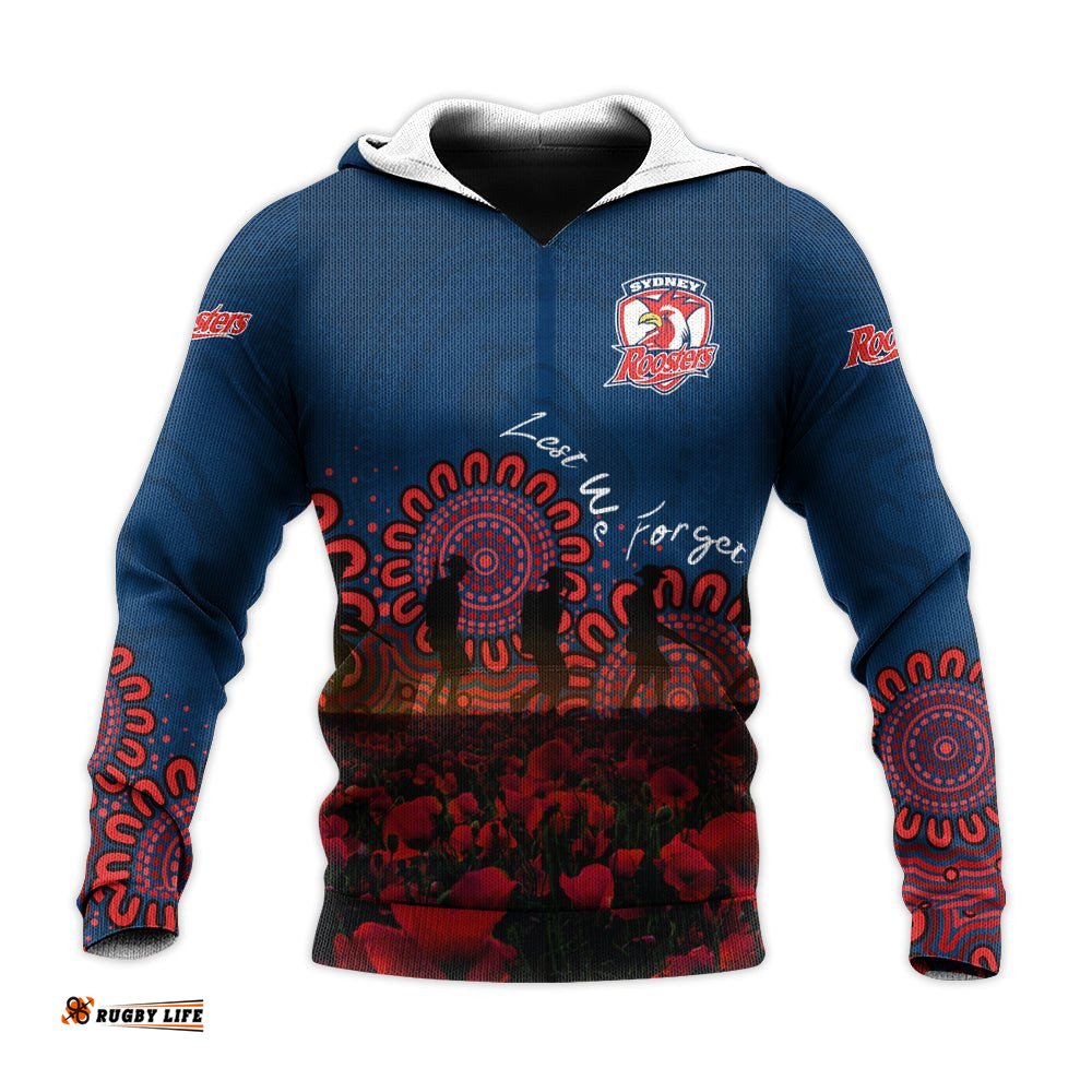sydney roosters hoodie personalized aboriginal rugby anzac day poppy with soldiers nrl