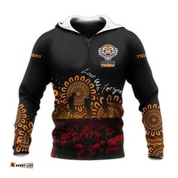wests tigers hoodie personalized aboriginal rugby anzac day poppy with soldiers nrl