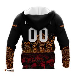 wests tigers hoodie personalized aboriginal rugby anzac day poppy with soldiers nrl