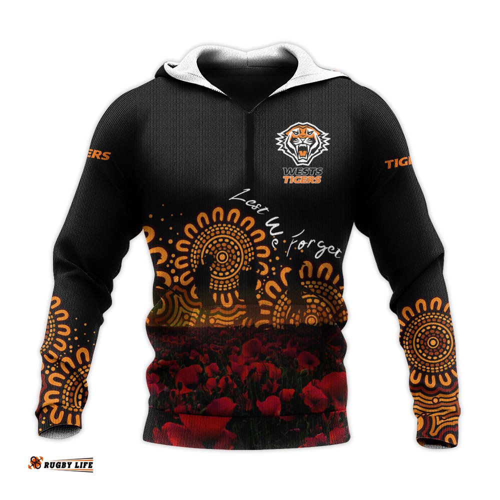 wests tigers hoodie personalized aboriginal rugby anzac day poppy with soldiers nrl