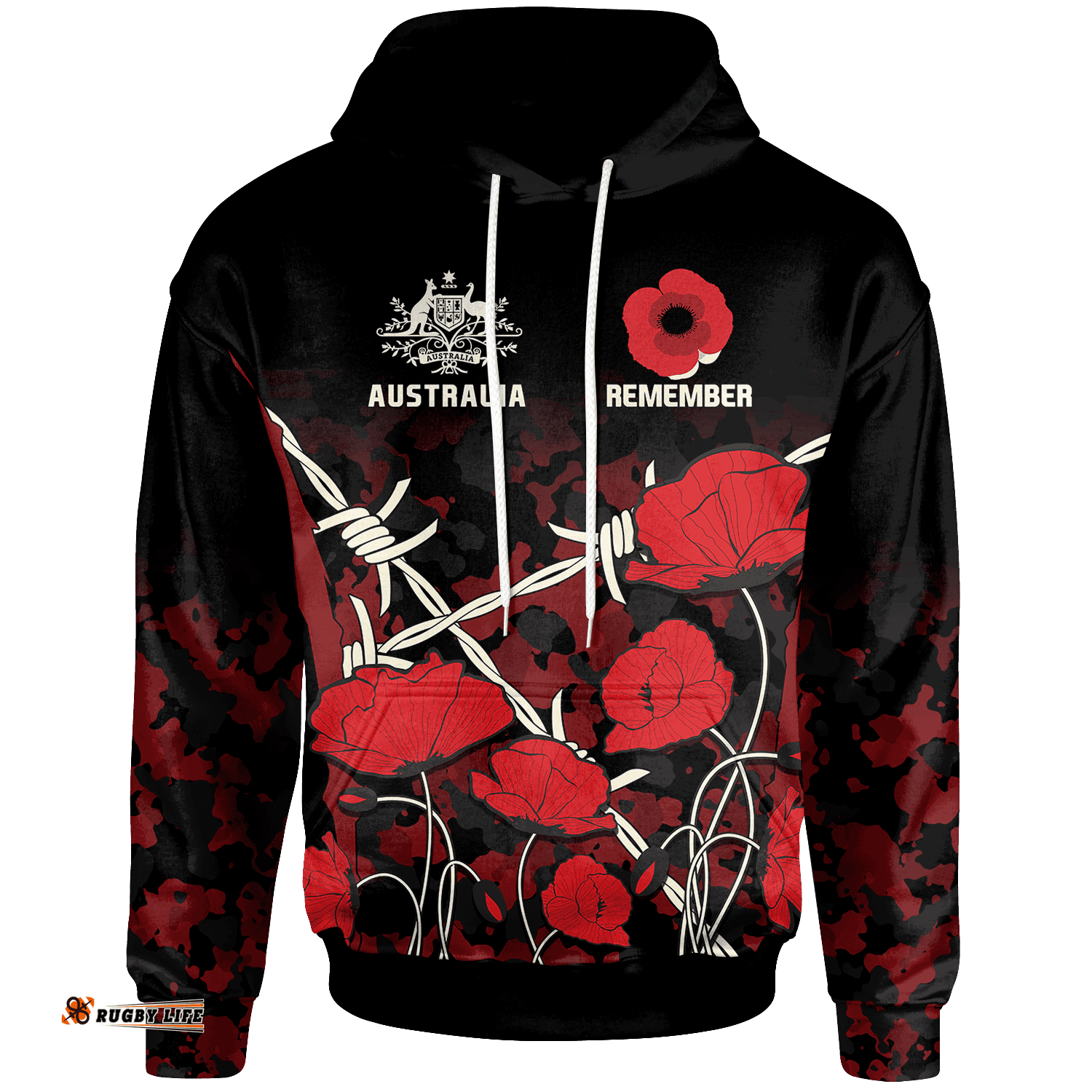 ANZAC Hoodie ANZAC with Remembrance Poppy Flower