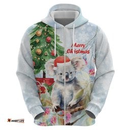 australia christmas hoodie koala santa with eucalyptus watercolor