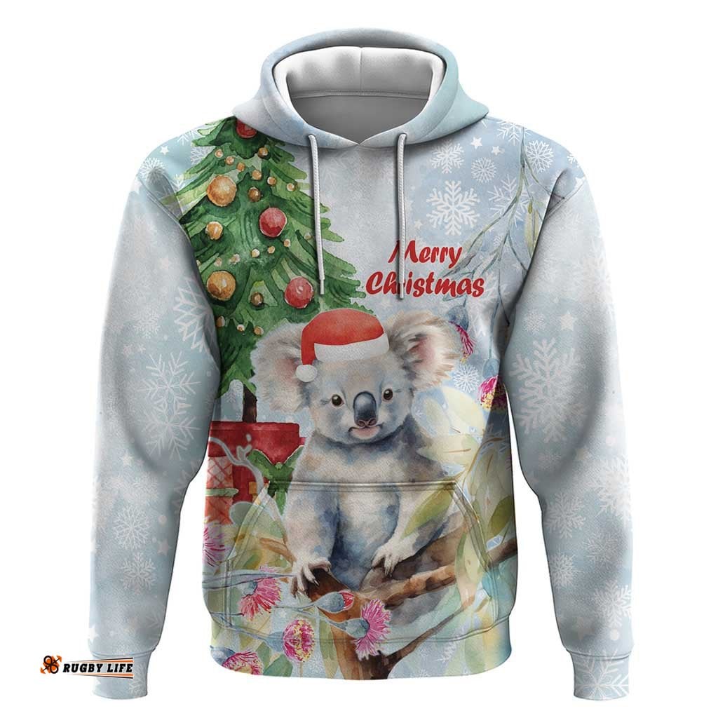 australia christmas hoodie koala santa with eucalyptus watercolor