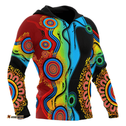 Aboriginal Hoodie, Circle Dot Painting Flowers Patterns Blue Dream
