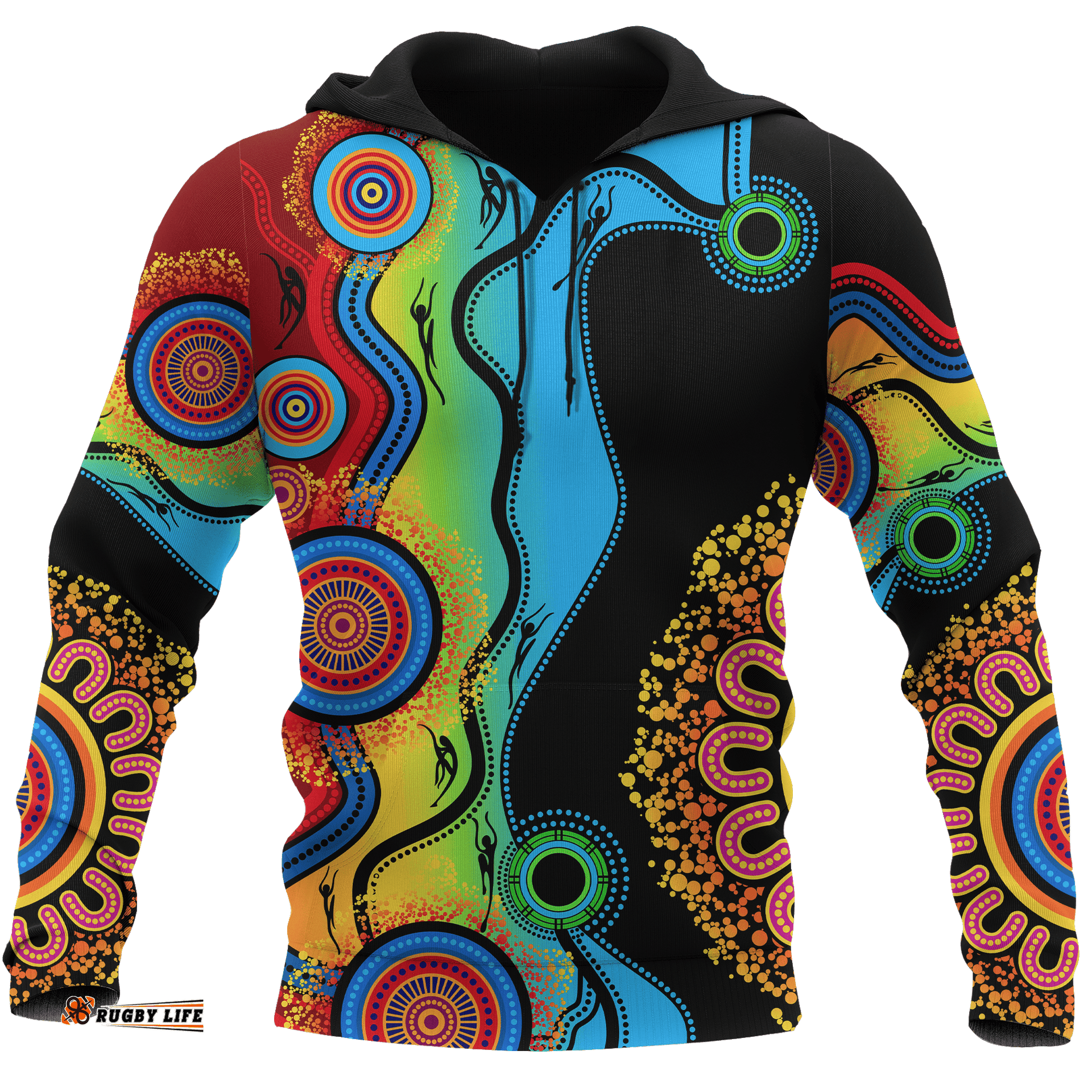 Aboriginal Hoodie, Circle Dot Painting Flowers Patterns Blue Dream