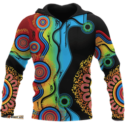 Aboriginal Hoodie, Circle Dot Painting Flowers Patterns Blue Dream