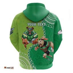 personalised rabbitohs and raiders rugby hoodie aboriginal mix polynesian pattern