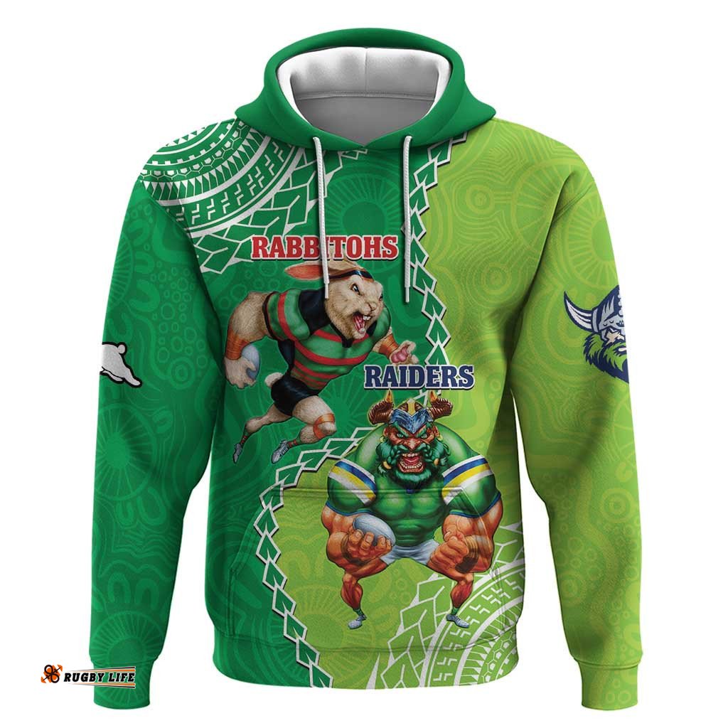personalised rabbitohs and raiders rugby hoodie aboriginal mix polynesian pattern