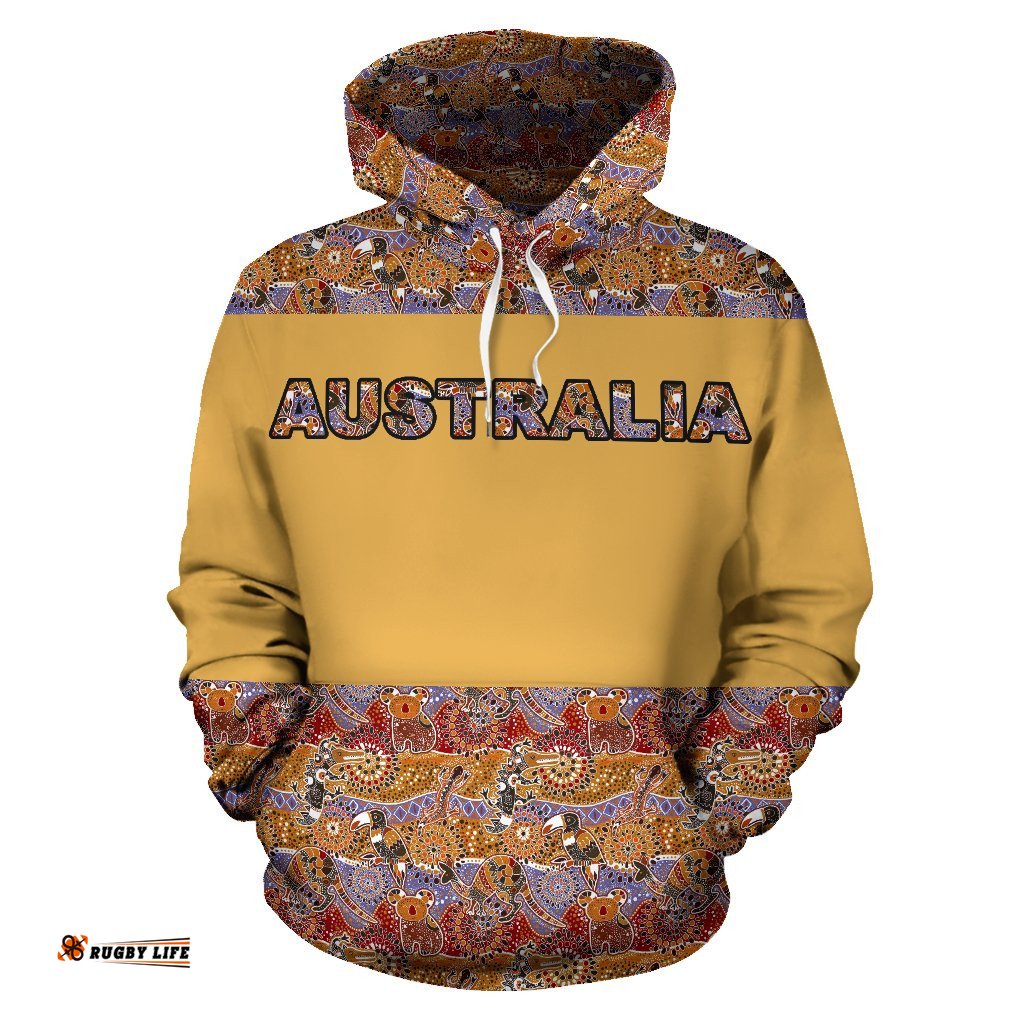 Aboriginal Hoodie, Kangaroo Patterns Koala Kookaburra Australian Animals