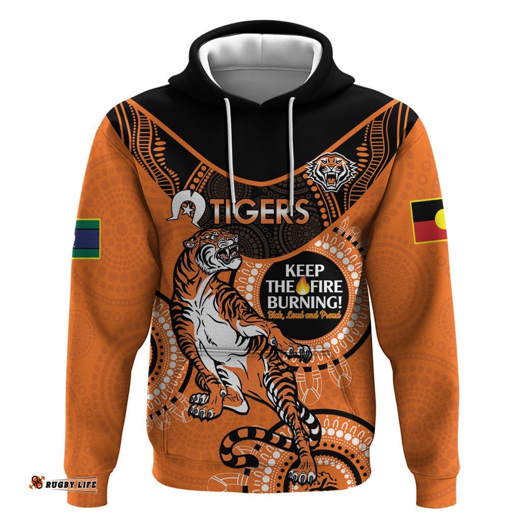 custom nrl tigers naidoc week hoodie keep the fire burning indigenous art