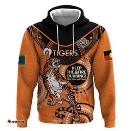 custom nrl tigers naidoc week hoodie keep the fire burning indigenous art