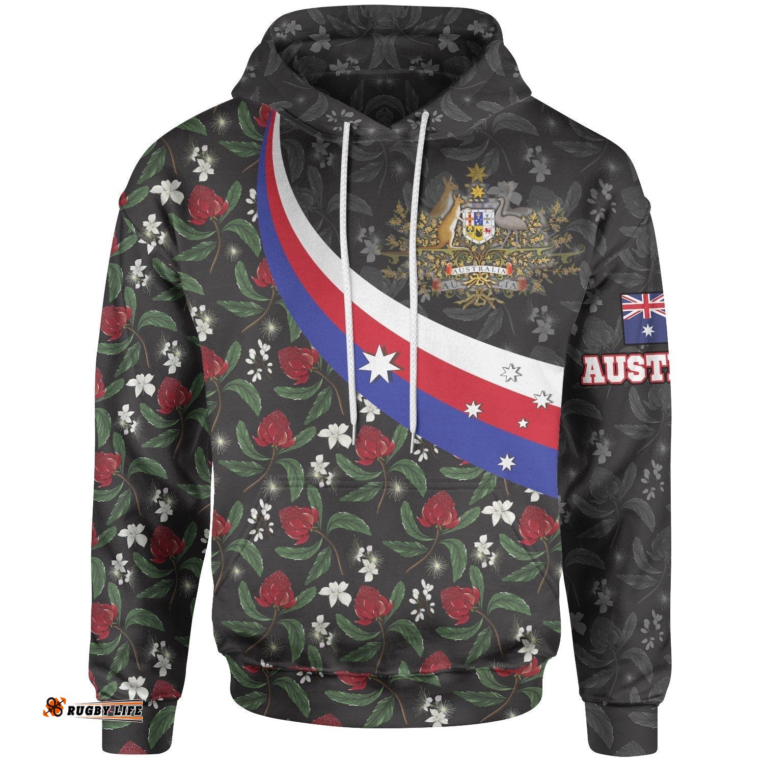 Hoodie, Australia Coat Of Arms with Waratah Patterns