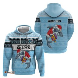 nrl cronulla sutherland christmas personalised hoodie with sharkies santa