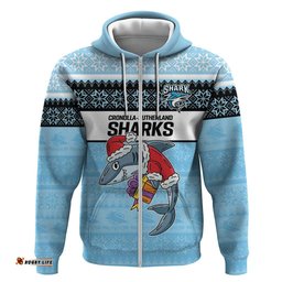 nrl cronulla sutherland christmas personalised hoodie with sharkies santa