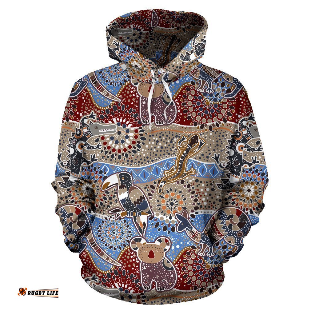 Aboriginal Hoodie, Koala Kangaroo Kookaburra Australian Animals