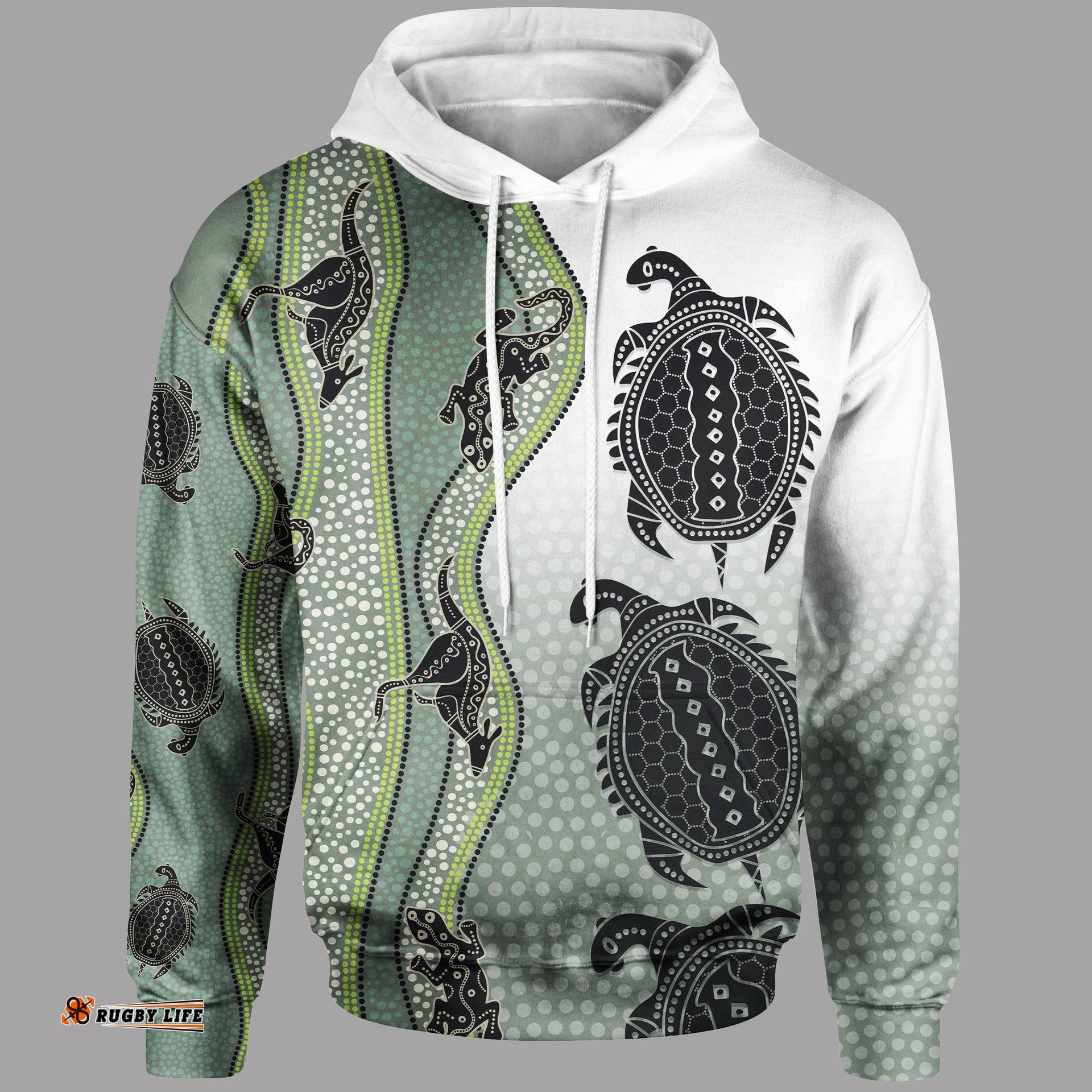 Hoodie Aboriginal with Kangaroo, Lizard, Turtle and Dotted Crooked Stripes Pattern