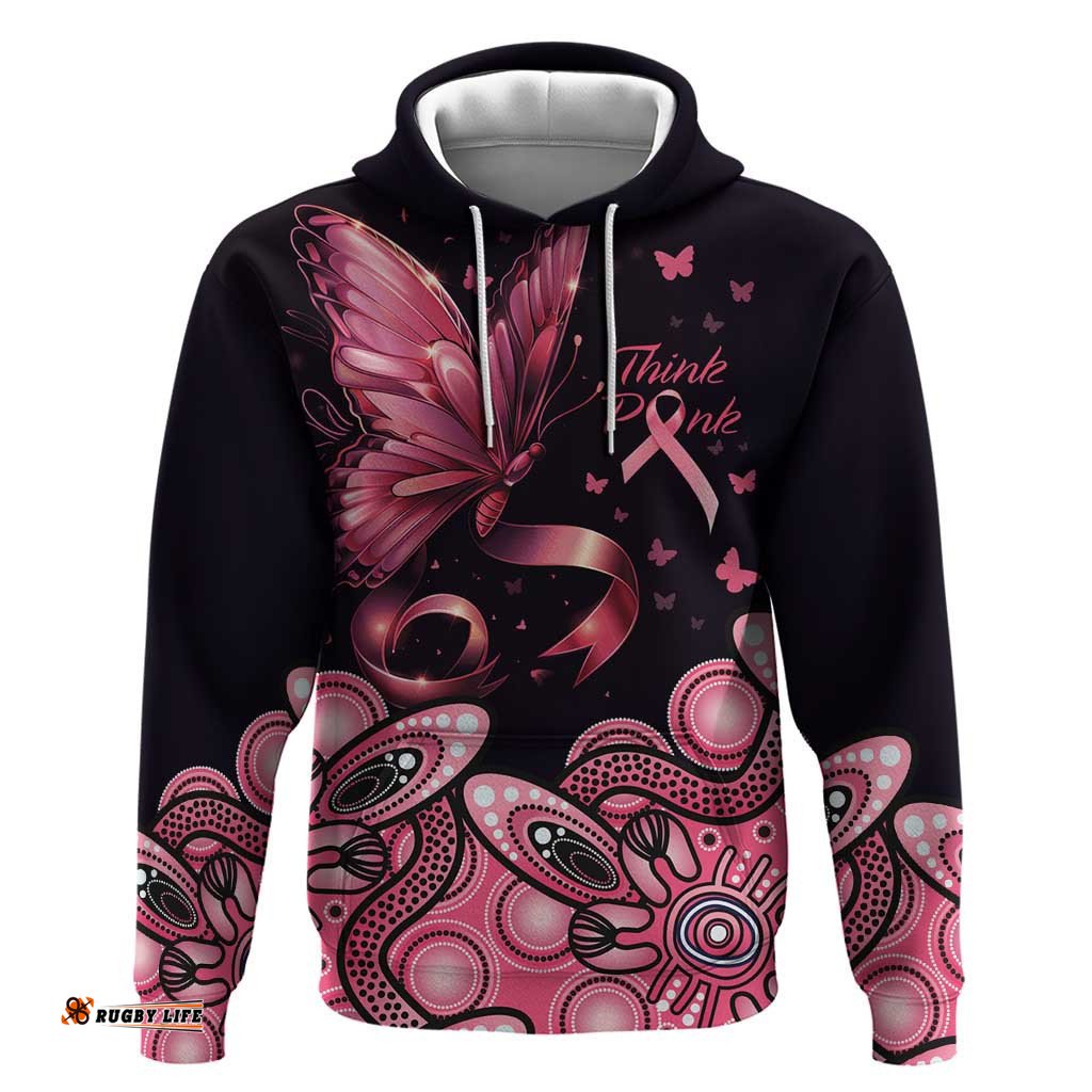 think pink butterfly ribbon aboriginal art hoodie