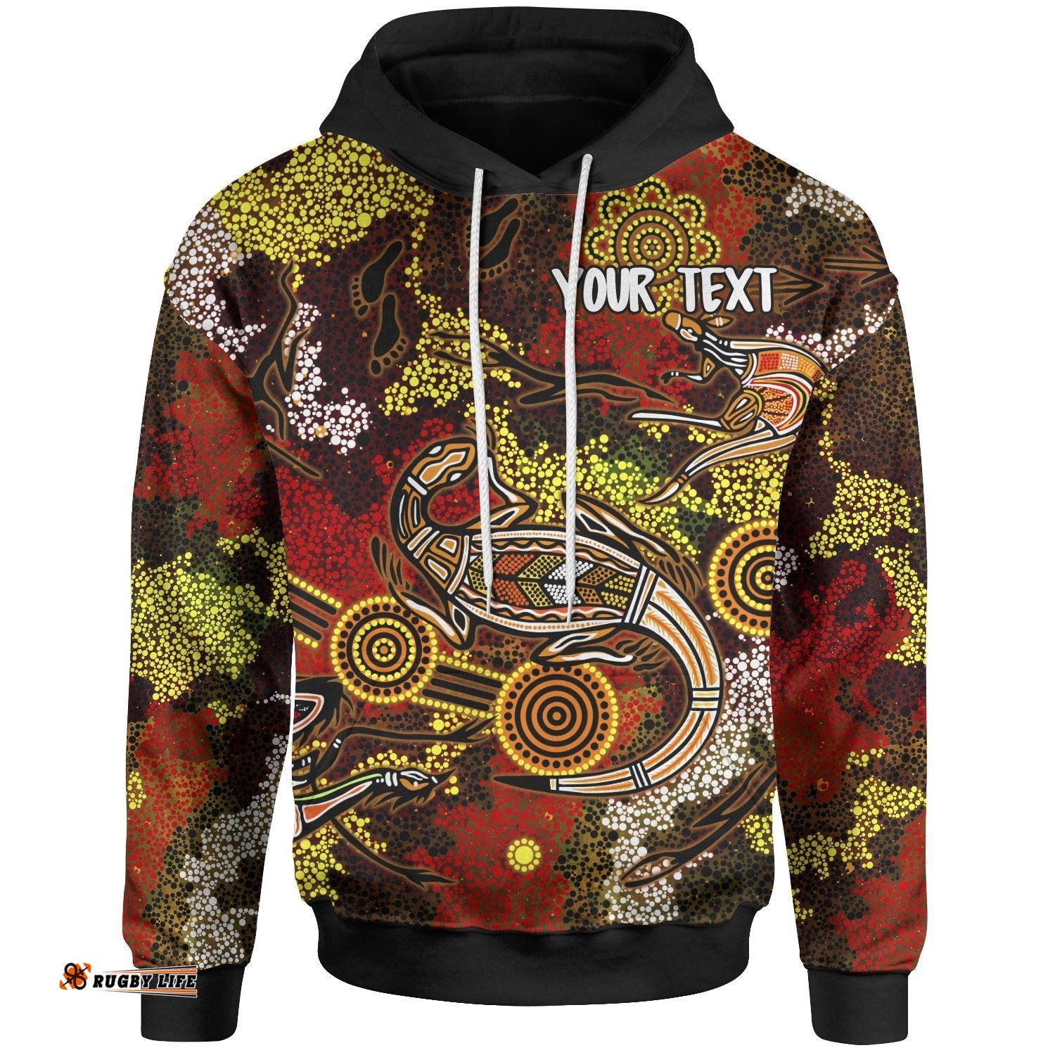 Custom Aboriginal Hoodie, Kangaroo and Lizard Dot Painting Art