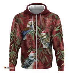 australia christmas hoodie kookaburra santa on red bottlebrush
