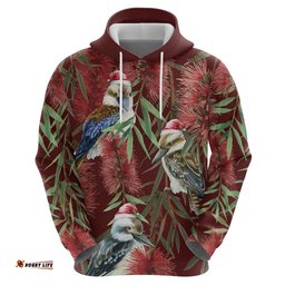 australia christmas hoodie kookaburra santa on red bottlebrush
