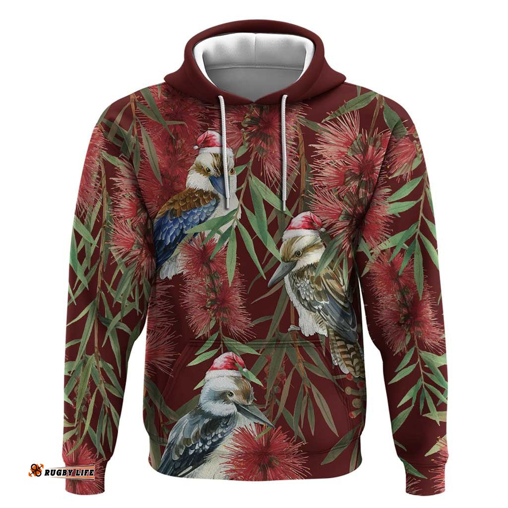 australia christmas hoodie kookaburra santa on red bottlebrush