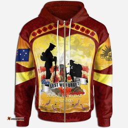 ANZAC Zip Up Hoodie Lest We Forget Aboriginal Version