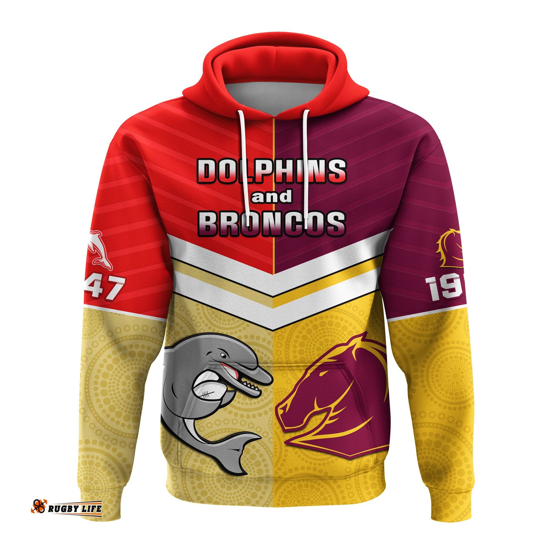 dolphins mix broncos rugby hoodie indigenous art