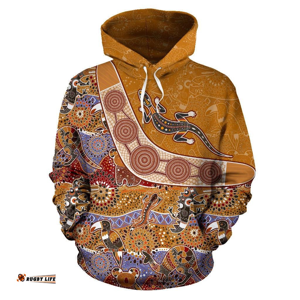 Aboriginal Hoodie, Lizard Boomerang Patterns Kookaburra All Over Print