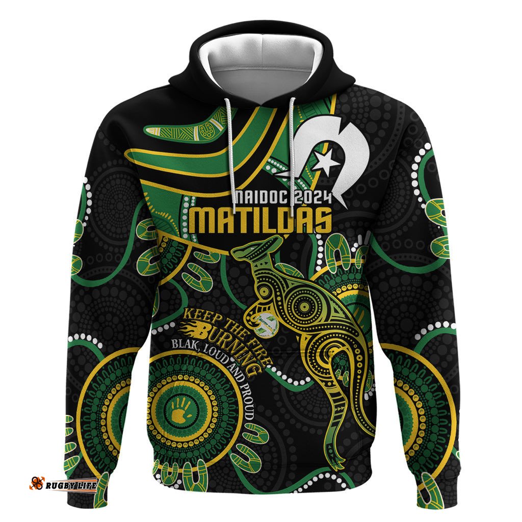 custom matildas naidoc week hoodie australia kangaroo keep the fire burning black