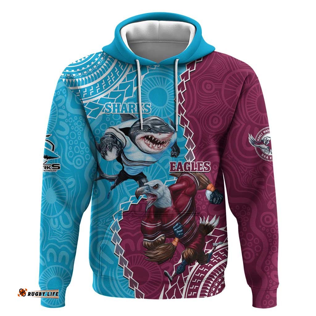 personalised eagles and sharks rugby hoodie aboriginal mix polynesian pattern