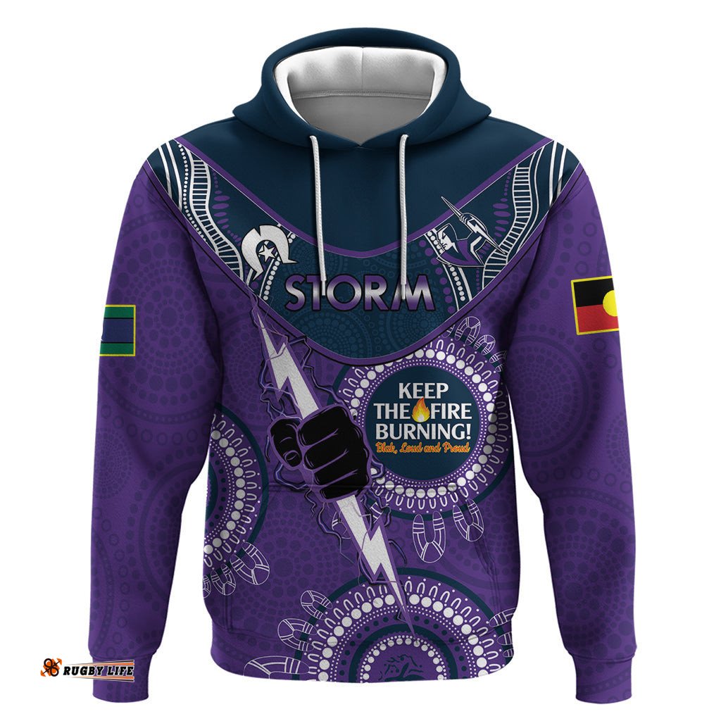 custom nrl storm naidoc week hoodie keep the fire burning indigenous art