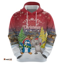 personalised christmas in july hoodie funny dabbing dance koala and blue penguins