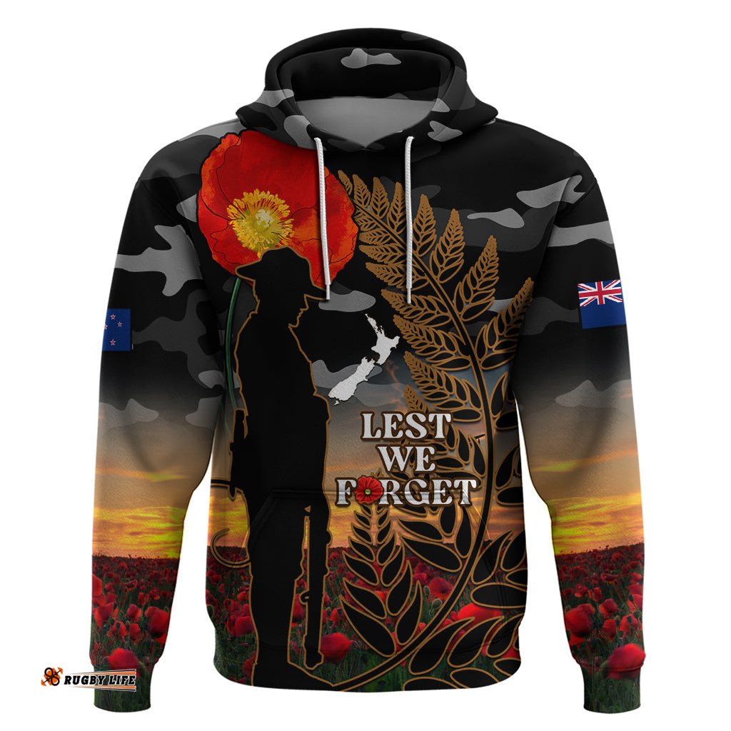 new zealand anzac day hoodie lest we forget silver fern with camouflage