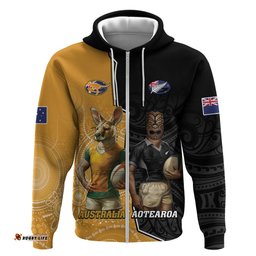 personalised new zealand and australia rugby hoodie 2024 all black wallabies mascots together