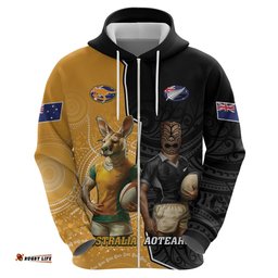 personalised new zealand and australia rugby hoodie 2024 all black wallabies mascots together