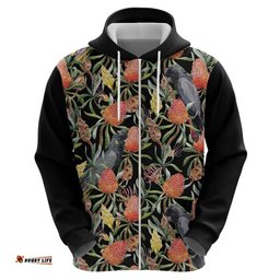 australia black cockatoo and banksia flowers hoodie